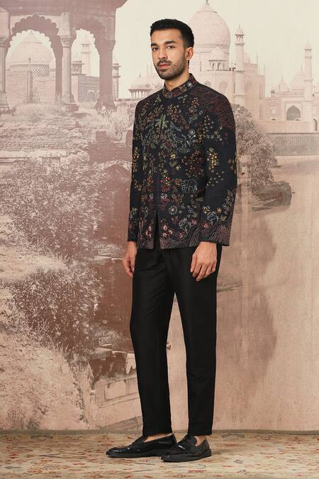 Buy_Asuka_Black Linen Embroidery Floral Kantha Bandhgala Set _Online_at_Aza_Fashions