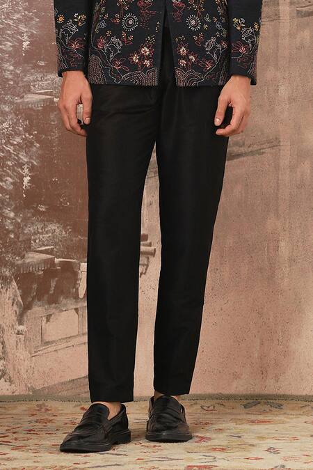 Shop_Asuka_Black Linen Embroidery Floral Kantha Bandhgala Set _Online_at_Aza_Fashions