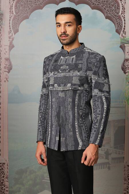 Asuka Gray Silk Crystals, Cut Work, Ebonite Nocturnal Embroidered Bandhgala Set Online at Aza Fashions Asuka_Gray Silk Crystals, Cut Work, Ebonite Nocturnal Embroidered Bandhgala Set _Online_at_Aza_Fashions