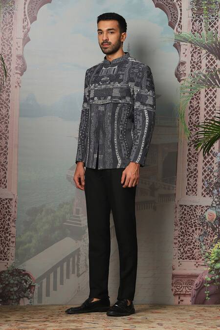 Shop Asuka Gray Silk Crystals, Cut Work, Ebonite Nocturnal Embroidered Bandhgala Set Online at Aza Fashions Shop_Asuka_Gray Silk Crystals, Cut Work, Ebonite Nocturnal Embroidered Bandhgala Set _Online_at_Aza_Fashions