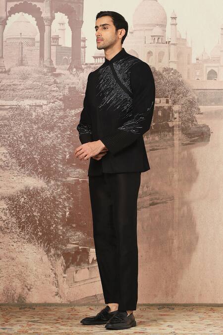 Buy Asuka Black Suede Cut Work Midnight Stellar Embroidered Bandhgala Set Online at Aza Fashions Buy_Asuka_Black Suede Cut Work Midnight Stellar Embroidered Bandhgala Set _Online_at_Aza_Fashions