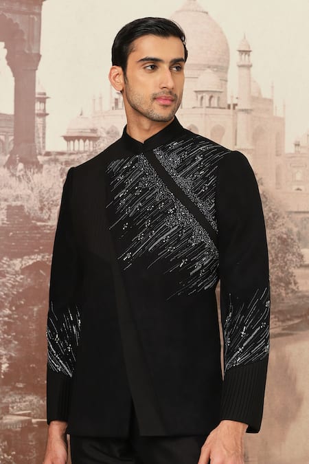 Shop Asuka Black Suede Cut Work Midnight Stellar Embroidered Bandhgala Set Online at Aza Fashions Shop_Asuka_Black Suede Cut Work Midnight Stellar Embroidered Bandhgala Set _Online_at_Aza_Fashions