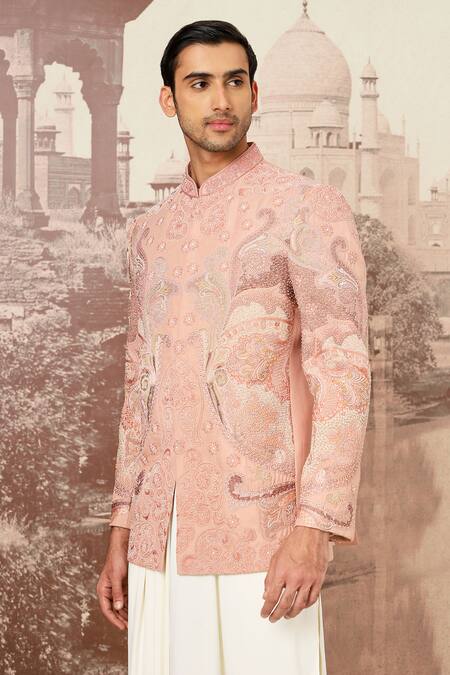 Buy_Asuka_Peach Linen Embroidery Kashmiri Bloom Bandhgala Set _Online_at_Aza_Fashions