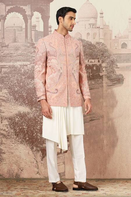 Shop_Asuka_Peach Linen Embroidery Kashmiri Bloom Bandhgala Set _Online_at_Aza_Fashions