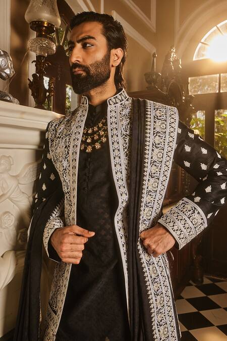 Asuka_Black Chanderi, Jacquard Diamonds, Embroidery, Zari Sherwani Jacket Set _Online_at_Aza_Fashions