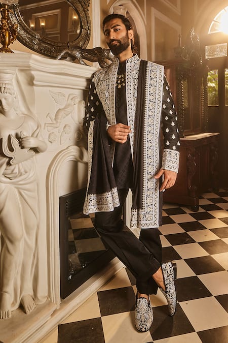 Buy_Asuka_Black Chanderi, Jacquard Diamonds, Embroidery, Zari Sherwani Jacket Set _Online_at_Aza_Fashions