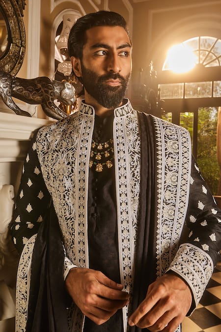 Shop_Asuka_Black Chanderi, Jacquard Diamonds, Embroidery, Zari Sherwani Jacket Set _Online_at_Aza_Fashions