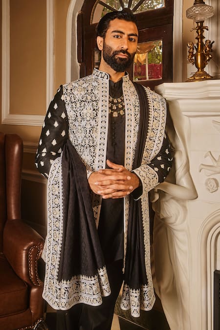 Asuka_Black Chanderi, Jacquard Diamonds, Embroidery, Zari Sherwani Jacket Set _at_Aza_Fashions