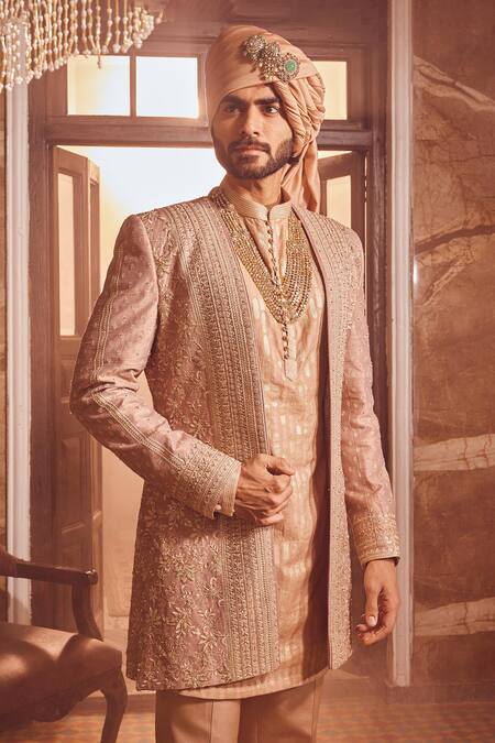 Asuka Brown Chanderi, Cotton, Silk Cut Work, Sequins, Beads, Gul Sherwani Set Online at Aza Fashions Asuka_Brown Chanderi, Cotton, Silk Cut Work, Sequins, Beads, Gul Sherwani Set _Online_at_Aza_Fashions