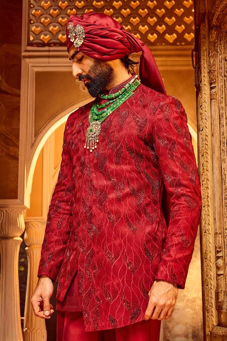 Asuka Red , Silk, Cotton Satin Metallic Thread, Foliage Sherwani Set Online at Aza Fashions Asuka_Red , Silk, Cotton Satin Metallic Thread, Foliage Sherwani Set _Online_at_Aza_Fashions