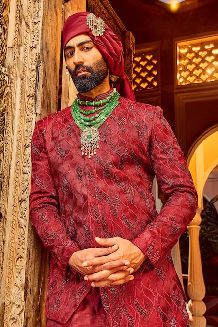 Shop Asuka Red , Silk, Cotton Satin Metallic Thread, Foliage Sherwani Set Online at Aza Fashions Shop_Asuka_Red , Silk, Cotton Satin Metallic Thread, Foliage Sherwani Set _Online_at_Aza_Fashions