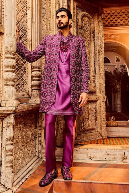 Asuka_Purple Chanderi, Cotton Metallic Thread, Geometric Bloom Sherwani Set _Online_at_Aza_Fashions