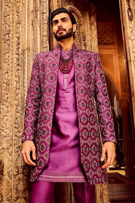 Buy_Asuka_Purple Chanderi, Cotton Metallic Thread, Geometric Bloom Sherwani Set _Online_at_Aza_Fashions