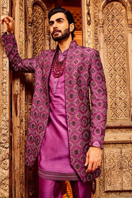 Shop_Asuka_Purple Chanderi, Cotton Metallic Thread, Geometric Bloom Sherwani Set _Online_at_Aza_Fashions