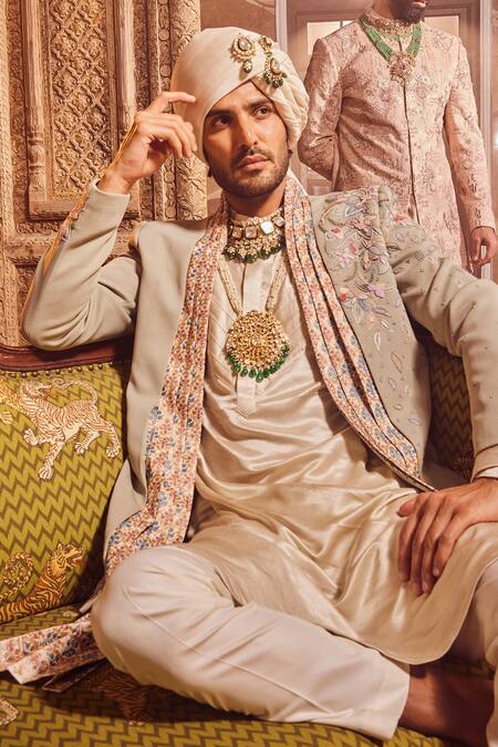 Asuka_Green Satin, Cotton, Taffeta Embroidery Fleur French Knot Sherwani Set _Online_at_Aza_Fashions