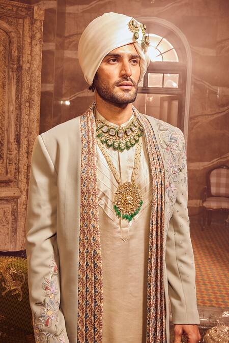 Shop_Asuka_Green Satin, Cotton, Taffeta Embroidery Fleur French Knot Sherwani Set _Online_at_Aza_Fashions