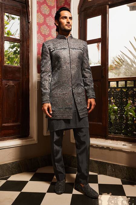Buy_Asuka_Gray Silk, Satin Sequins, Cut Work, Embroidery, Zari Starry Sherwani Pant Set _Online_at_Aza_Fashions