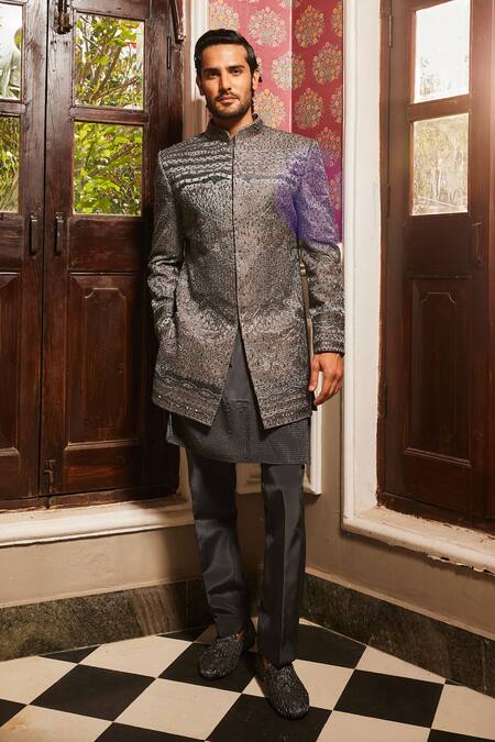 Shop_Asuka_Gray Silk, Satin Sequins, Cut Work, Embroidery, Zari Starry Sherwani Pant Set _Online_at_Aza_Fashions