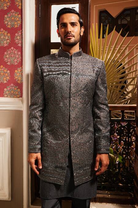 Asuka_Gray Silk, Satin Sequins, Cut Work, Embroidery, Zari Starry Sherwani Pant Set _at_Aza_Fashions