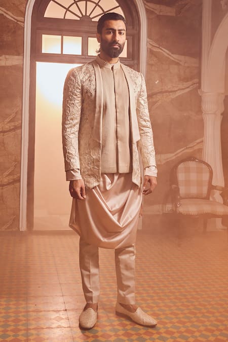 Shop_Asuka_Beige Silk, Brocade Cut Work, Mirrors, Bloom Jaal Embroidered Bandhgala Set _at_Aza_Fashions
