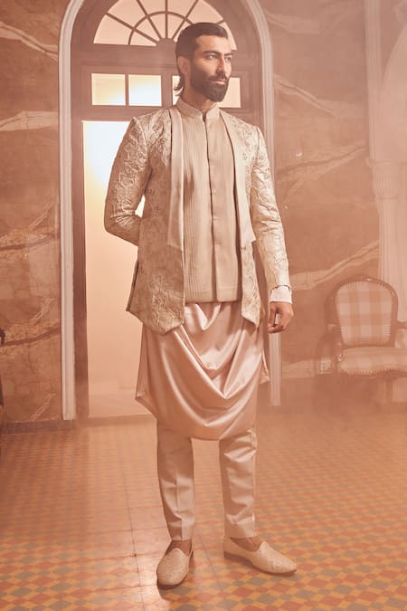 Asuka_Beige Silk, Brocade Cut Work, Mirrors, Bloom Jaal Embroidered Bandhgala Set _Online_at_Aza_Fashions