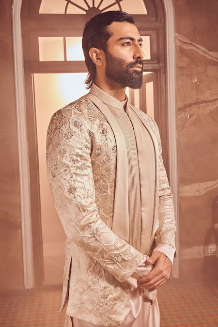 Buy_Asuka_Beige Silk, Brocade Cut Work, Mirrors, Bloom Jaal Embroidered Bandhgala Set _Online_at_Aza_Fashions