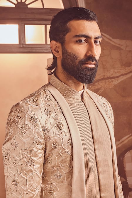 Shop_Asuka_Beige Silk, Brocade Cut Work, Mirrors, Bloom Jaal Embroidered Bandhgala Set _Online_at_Aza_Fashions