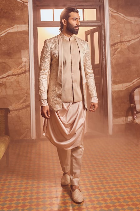 Asuka_Beige Silk, Brocade Cut Work, Mirrors, Bloom Jaal Embroidered Bandhgala Set _at_Aza_Fashions