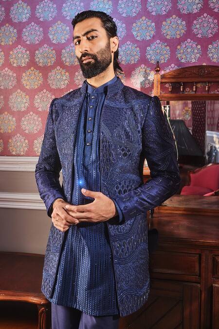 Asuka_Blue Chanderi, Silk Cut Work, Embroidery Bliss Bloom Sherwani Jacket Set _Online_at_Aza_Fashions