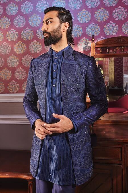 Buy_Asuka_Blue Chanderi, Silk Cut Work, Embroidery Bliss Bloom Sherwani Jacket Set _Online_at_Aza_Fashions