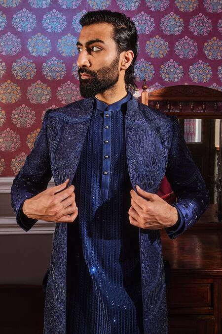 Shop_Asuka_Blue Chanderi, Silk Cut Work, Embroidery Bliss Bloom Sherwani Jacket Set _Online_at_Aza_Fashions