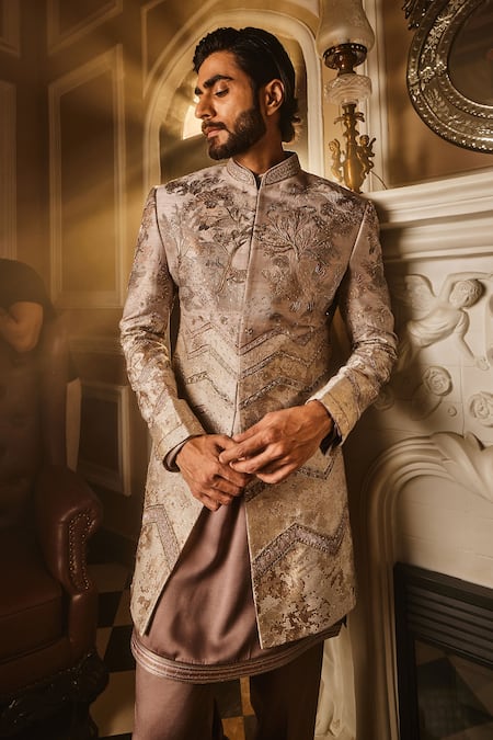 Asuka_Gray Silk, Satin Cut Work, Sequins, Zari, Ambrosia Bloom Sherwani Set _Online_at_Aza_Fashions