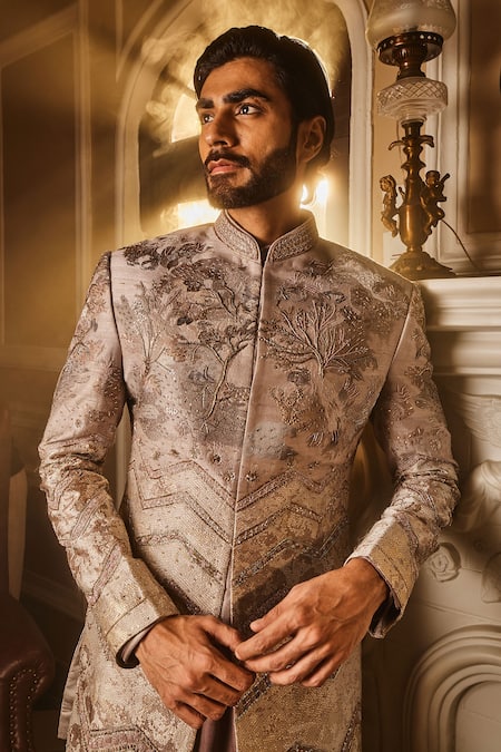 Buy_Asuka_Gray Silk, Satin Cut Work, Sequins, Zari, Ambrosia Bloom Sherwani Set _Online_at_Aza_Fashions