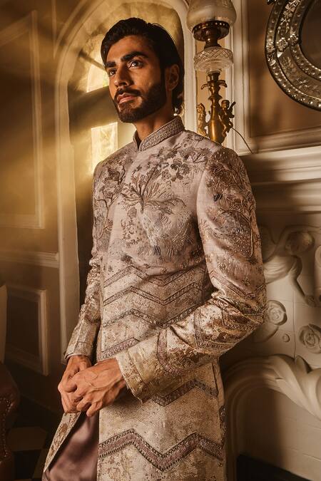 Shop_Asuka_Gray Silk, Satin Cut Work, Sequins, Zari, Ambrosia Bloom Sherwani Set _Online_at_Aza_Fashions
