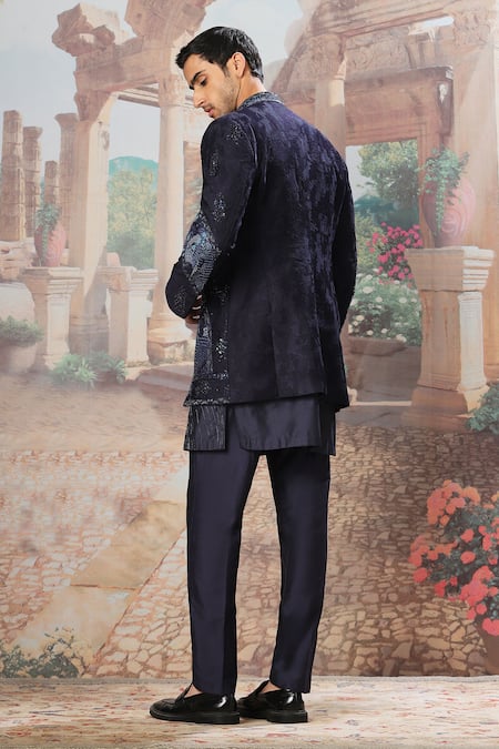Shop Asuka Blue Chanderi Silk Cut Work, Sequins, Beads Navy Embroidered Jacket And Kurta Set at Aza Fashions Shop_Asuka_Blue Chanderi Silk Cut Work, Sequins, Beads Navy Embroidered Jacket And Kurta Set _at_Aza_Fashions