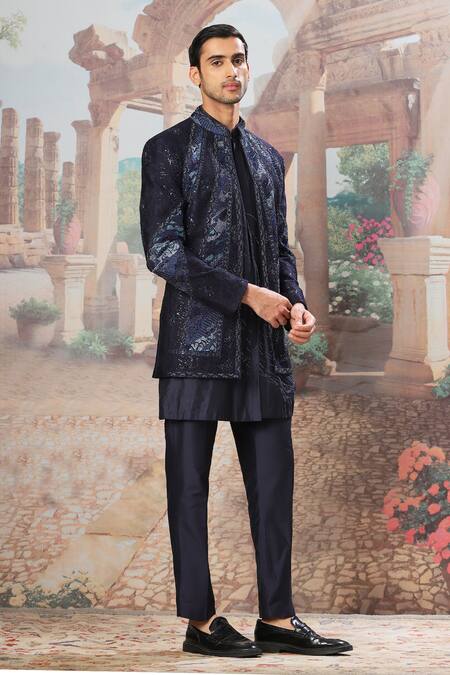 Asuka Blue Chanderi Silk Cut Work, Sequins, Beads Navy Embroidered Jacket And Kurta Set Online at Aza Fashions Asuka_Blue Chanderi Silk Cut Work, Sequins, Beads Navy Embroidered Jacket And Kurta Set _Online_at_Aza_Fashions