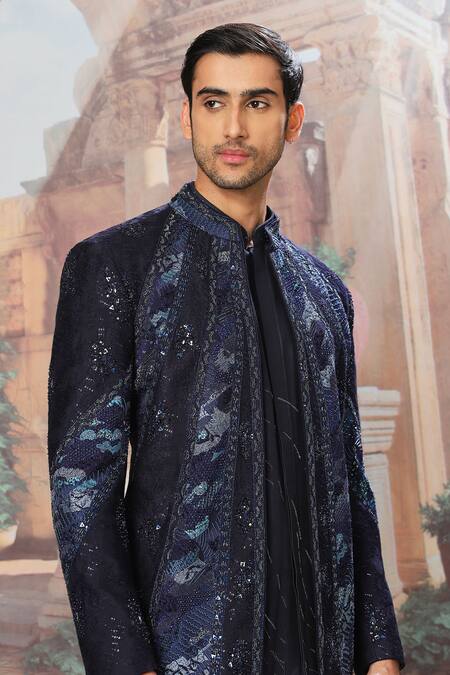 Buy Asuka Blue Chanderi Silk Cut Work, Sequins, Beads Navy Embroidered Jacket And Kurta Set Online at Aza Fashions Buy_Asuka_Blue Chanderi Silk Cut Work, Sequins, Beads Navy Embroidered Jacket And Kurta Set _Online_at_Aza_Fashions