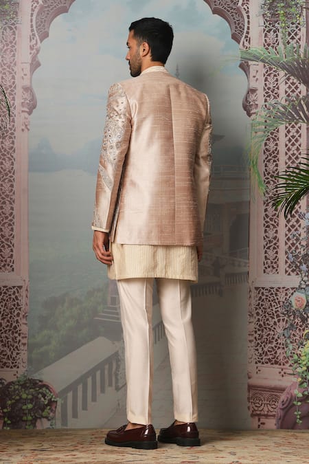 Shop Asuka Gold Silk Embroidery, Cut Work Applique Jacket And Kurta Set at Aza Fashions Shop_Asuka_Gold Silk Embroidery, Cut Work Applique Jacket And Kurta Set _at_Aza_Fashions