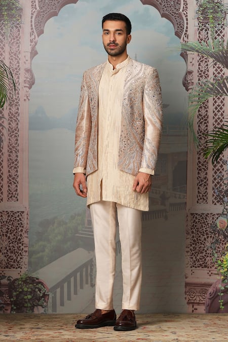 Asuka Gold Silk Embroidery, Cut Work Applique Jacket And Kurta Set Online at Aza Fashions Asuka_Gold Silk Embroidery, Cut Work Applique Jacket And Kurta Set _Online_at_Aza_Fashions