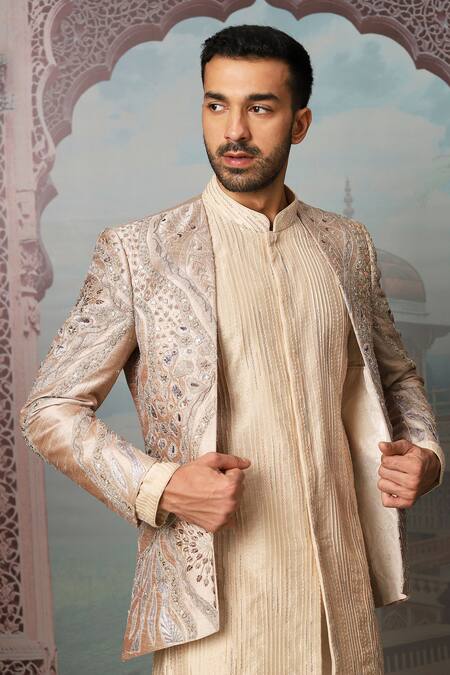 Buy Asuka Gold Silk Embroidery, Cut Work Applique Jacket And Kurta Set Online at Aza Fashions Buy_Asuka_Gold Silk Embroidery, Cut Work Applique Jacket And Kurta Set _Online_at_Aza_Fashions