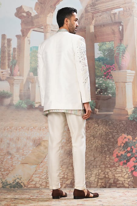 Shop Asuka Ivory Silk Cut Work, Embroidery Applique Jacket And Kurta Set at Aza Fashions Shop_Asuka_Ivory Silk Cut Work, Embroidery Applique Jacket And Kurta Set _at_Aza_Fashions
