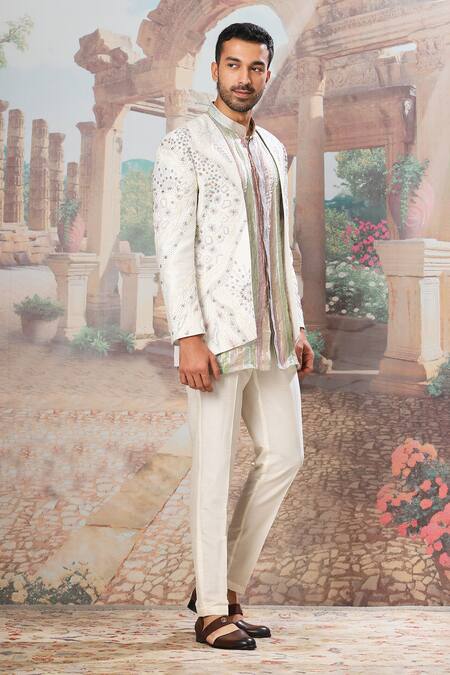 Asuka Ivory Silk Cut Work, Embroidery Applique Jacket And Kurta Set Online at Aza Fashions Asuka_Ivory Silk Cut Work, Embroidery Applique Jacket And Kurta Set _Online_at_Aza_Fashions