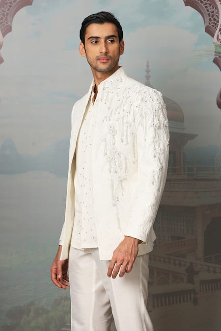 Asuka Ivory Jacquard Cut Work, Applique Embroidered Jacket Kurta Set Online at Aza Fashions Asuka_Ivory Jacquard Cut Work, Applique Embroidered Jacket Kurta Set _Online_at_Aza_Fashions