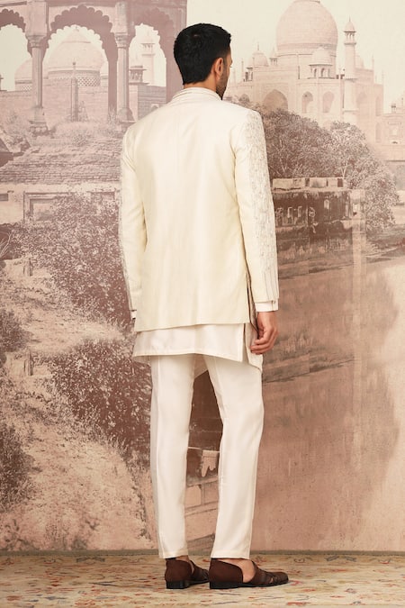 Shop Asuka Ivory Silk Cut Work Moti Embroidered Jacket And Kurta Set at Aza Fashions Shop_Asuka_Ivory Silk Cut Work Moti Embroidered Jacket And Kurta Set _at_Aza_Fashions