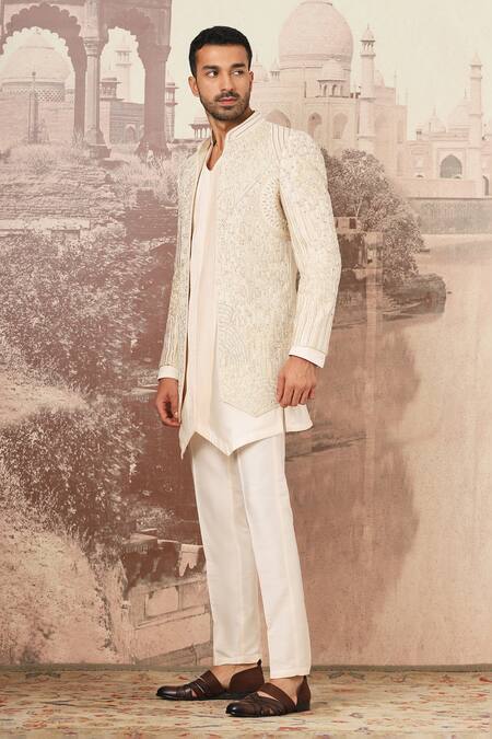 Buy Asuka Ivory Silk Cut Work Moti Embroidered Jacket And Kurta Set Online at Aza Fashions Buy_Asuka_Ivory Silk Cut Work Moti Embroidered Jacket And Kurta Set _Online_at_Aza_Fashions