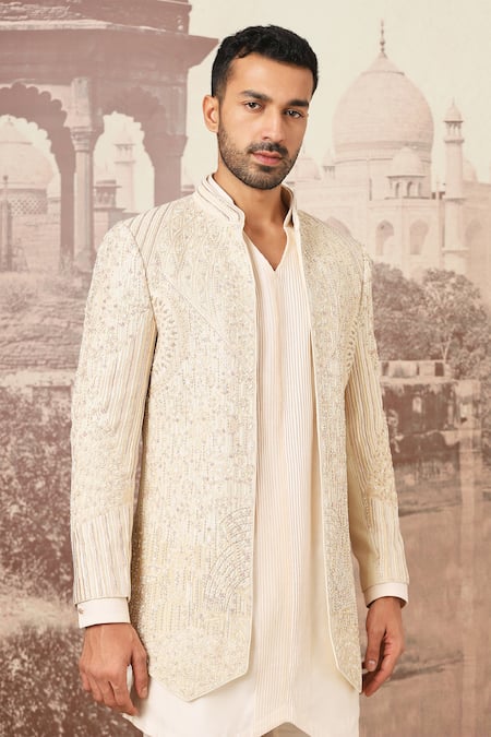 Shop Asuka Ivory Silk Cut Work Moti Embroidered Jacket And Kurta Set Online at Aza Fashions Shop_Asuka_Ivory Silk Cut Work Moti Embroidered Jacket And Kurta Set _Online_at_Aza_Fashions