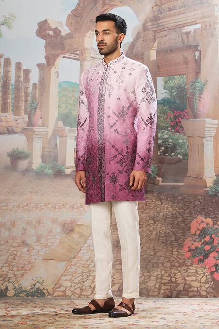Buy_Asuka_Off White Chanderi Silk Cut Work, Embroidery, Ombre Floral Sherwani With Pant _Online_at_Aza_Fashions