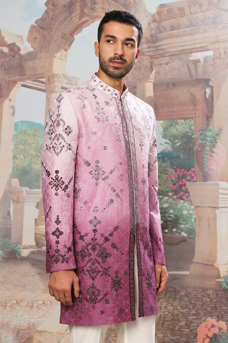 Shop_Asuka_Off White Chanderi Silk Cut Work, Embroidery, Ombre Floral Sherwani With Pant _Online_at_Aza_Fashions