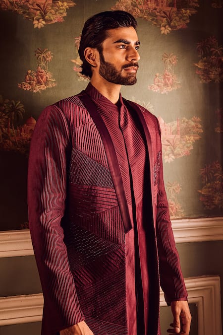 Buy Asuka Maroon Chanderi Silk Cut Work Cutdana Embroidered Sherwani Set Online at Aza Fashions Buy_Asuka_Maroon Chanderi Silk Cut Work Cutdana Embroidered Sherwani Set _Online_at_Aza_Fashions
