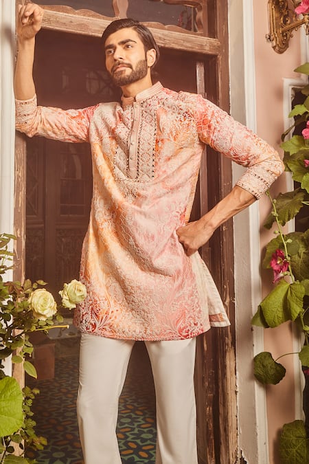 Asuka_Peach Silk Diamonds Dori Embroidered Kurta Set _Online_at_Aza_Fashions